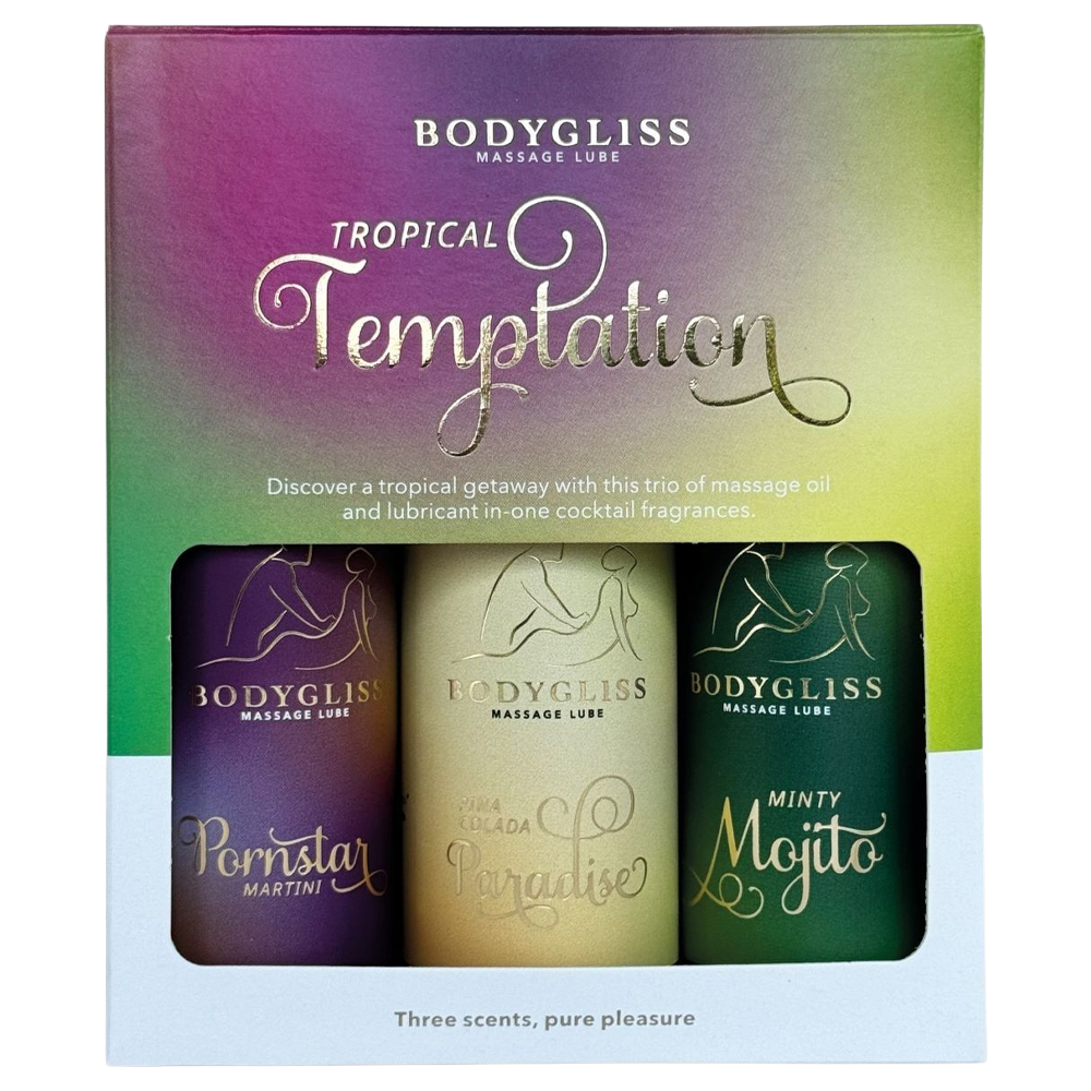 tropiskt resekit glidmedel silkeslen silikonbaserad massageolja långvarig effekt fuktgivande hudvänlig E-vitamin hypoallergen intimprodukt diskret flaska exotisk doft mojito pina colada pornstar martini passion romantik njutning resa