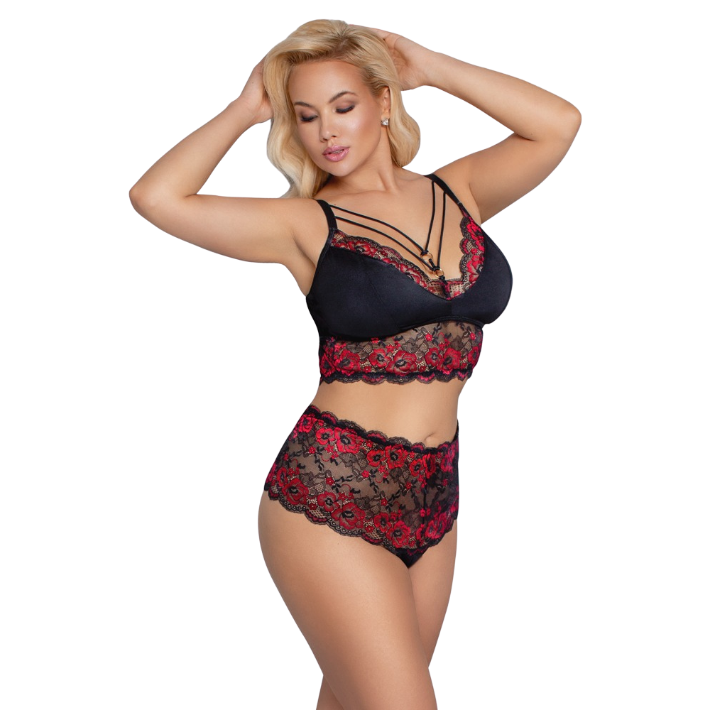 blommigt spetsset bygelfri bh midjehöga trosor kurvig kropp plus size lingerie gyllene ringdetaljer elastiska band romantisk design sensuella underkläder polyamid spandex komfortabel passform erotisk stil