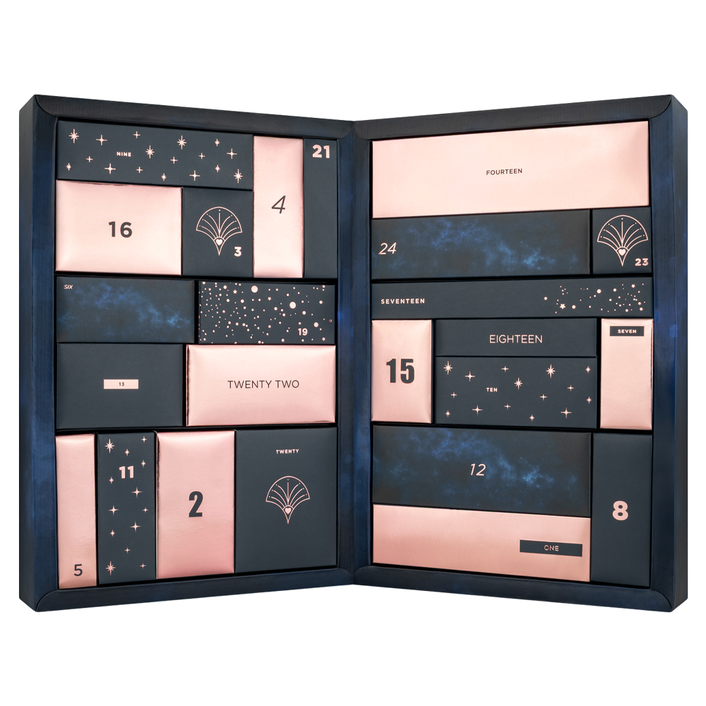 adventskalender vuxen lyx erotik sexleksaker bondage wellness massage glidmedel kroppsvård vibrator tillbehör midnattsblå roséguld par singlar december julklapp passion sensuell överraskning exklusiv limited edition