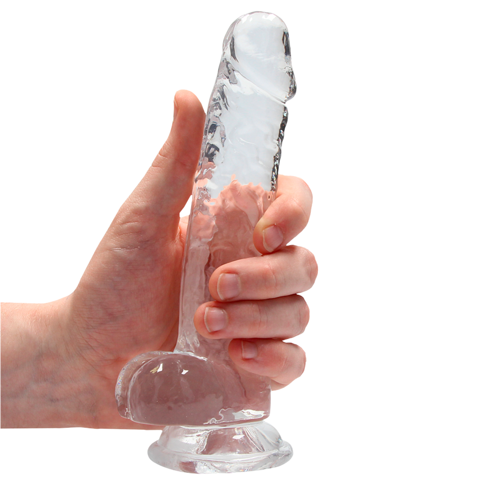 realistisk dildo sugkopp selekompatibel ådrigt skaft ollon testiklar ftalatfri latexfri kroppssäker tpe icke-porös enkel rengöring hållbar hygienisk handsfree sexleksak kristallklar transparent rosa blå storlekar