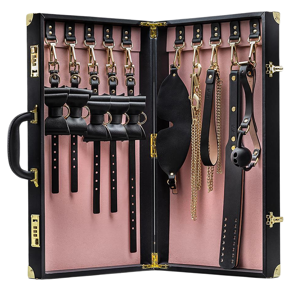 bondagekit 10-delar bdsm portfölj kodlås veganskt läder kroppssäker nickelfri metall ögonbindel gagball paddel koppel handbojor ankelbojor halsband kedjor karbinhake vibrator rosetter elegant diskret