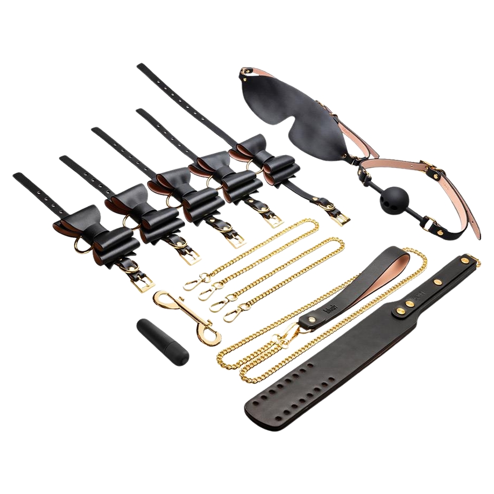 bondagekit 10-delar bdsm portfölj kodlås veganskt läder kroppssäker nickelfri metall ögonbindel gagball paddel koppel handbojor ankelbojor halsband kedjor karbinhake vibrator rosetter elegant diskret