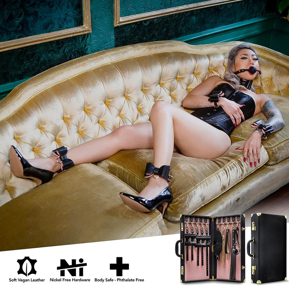 bondagekit 10-delar bdsm portfölj kodlås veganskt läder kroppssäker nickelfri metall ögonbindel gagball paddel koppel handbojor ankelbojor halsband kedjor karbinhake vibrator rosetter elegant diskret