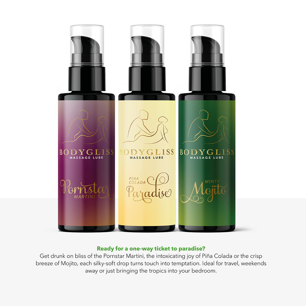 tropiskt resekit glidmedel silkeslen silikonbaserad massageolja långvarig effekt fuktgivande hudvänlig E-vitamin hypoallergen intimprodukt diskret flaska exotisk doft mojito pina colada pornstar martini passion romantik njutning resa