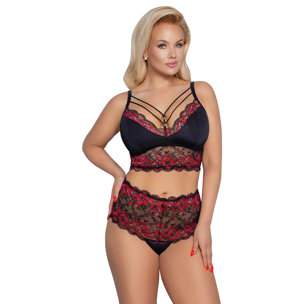 blommigt spetsset bygelfri bh midjehöga trosor kurvig kropp plus size lingerie gyllene ringdetaljer elastiska band romantisk design sensuella underkläder polyamid spandex komfortabel passform erotisk stil
