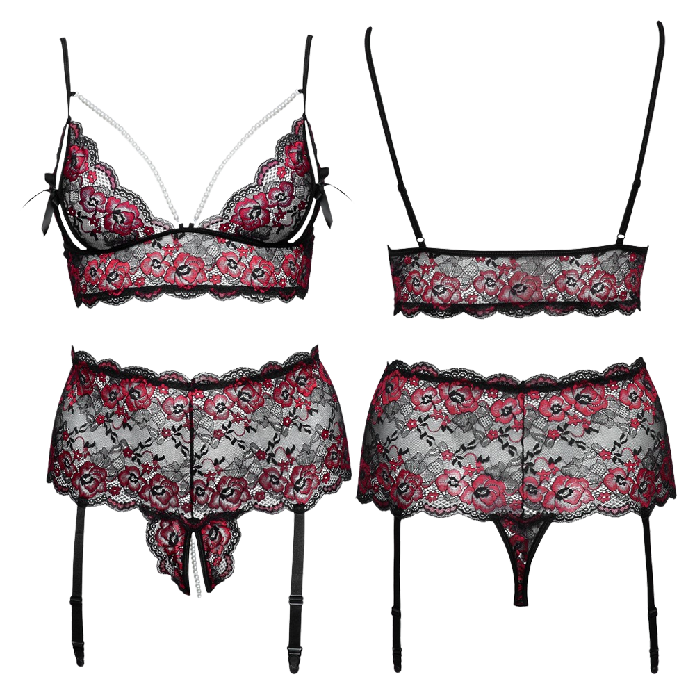 sensuellt underklädesset spets pärlkedja slitsade kupor öppna trosor plus size kurvig kropp strumpeband justerbar elastisk passform polyamid spandex erotiskt bh set förförisk design lyxig lingerie