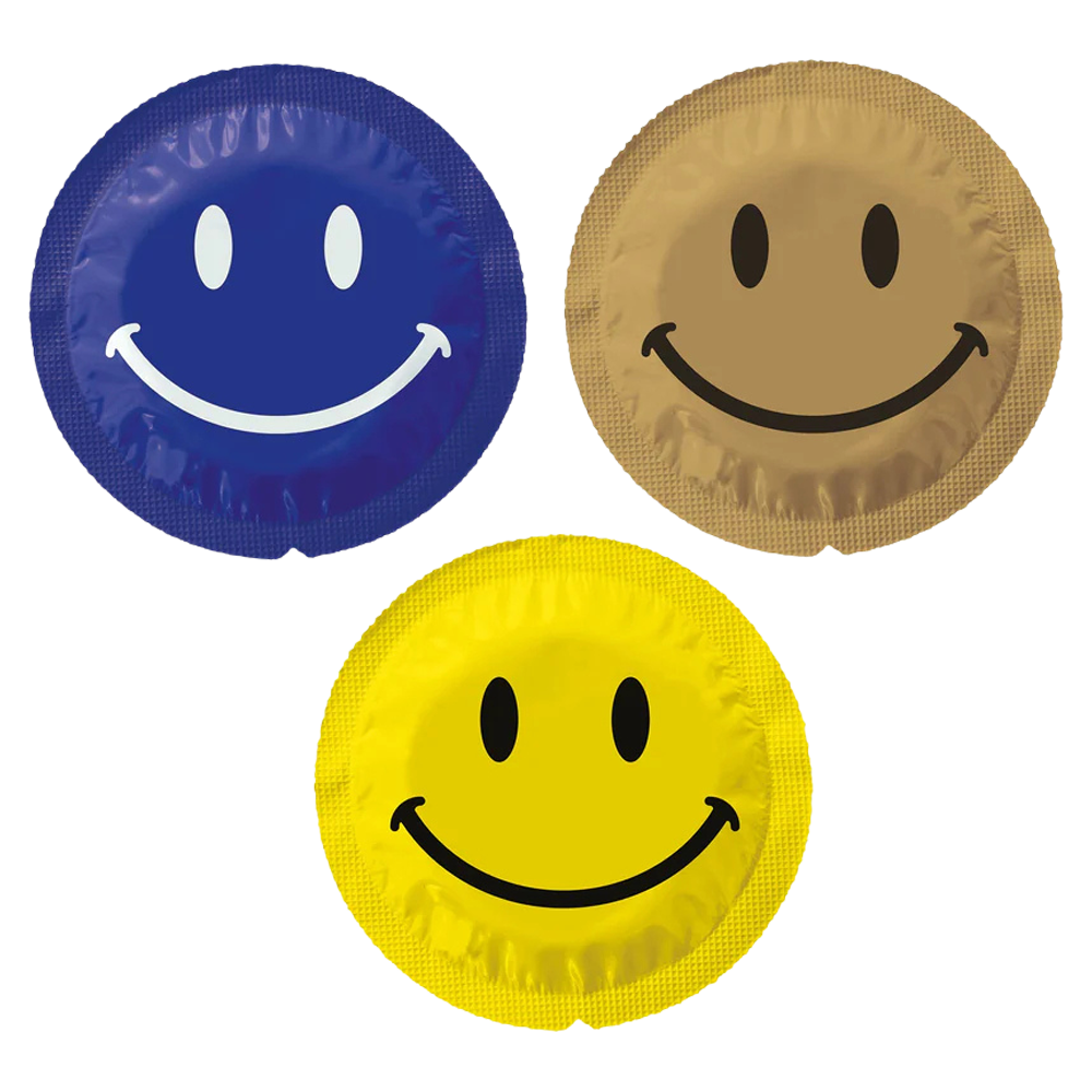 kondomer latexfri luktfri vegansk säkerhet glidmedel slät passform ce-märkt peta-godkänd humoristisk design bekväm användning skydd mot könssjukdomar förpackning med smiley tryck naturlig känsla pålitlig kvalitet sexlekskydd