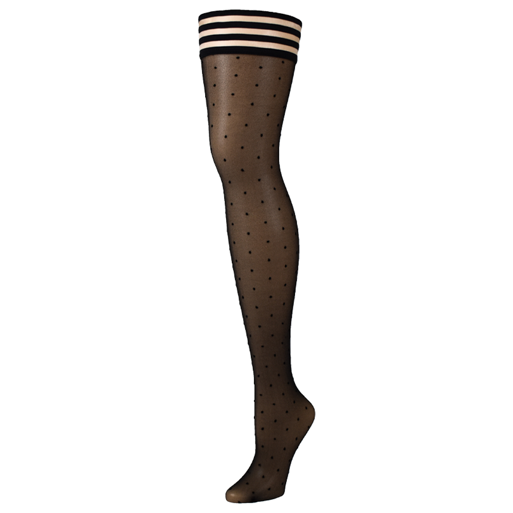 svarta prickiga nätstrumpor lårhöga silikonband halkfri elegans stretchig passform burlesk retro stil komfort hållbara material polkaprickigt mönster förförisk design fest vardag modeaccessoar sensuell look