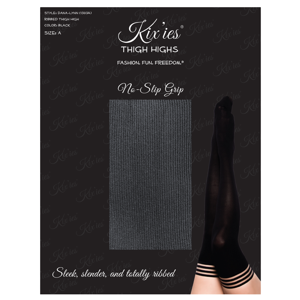 svarta ribbade stayups lårhöga strumpor silikonband halkfri passform elastisk bekväm design elegant klassisk stil hållbart material nylon spandex modeaccessoar sensuell feminin look kixies