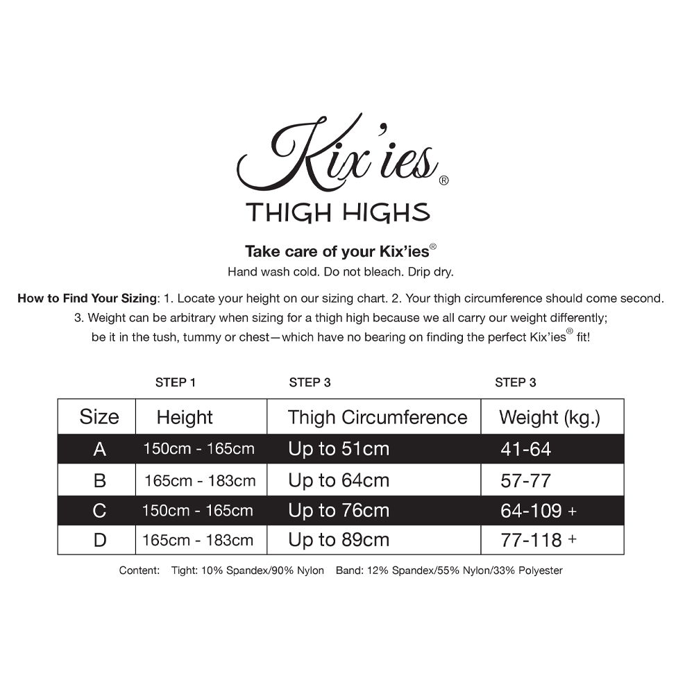 kixies storleksguide lårhöga strumpor mått tabell längd lår omkrets petite plus size passform kroppstyp guide hitta rätt storlek stay-ups hosiery kvinnligt modeaccessoar