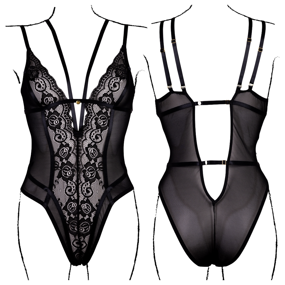 spets bodysuit svart le désir amour justerbara band öppen rygg sexig body lingerie elastisk passform romantisk design sensuell underkläder feminina former stretch tyg figurnära kläder förförisk outfit