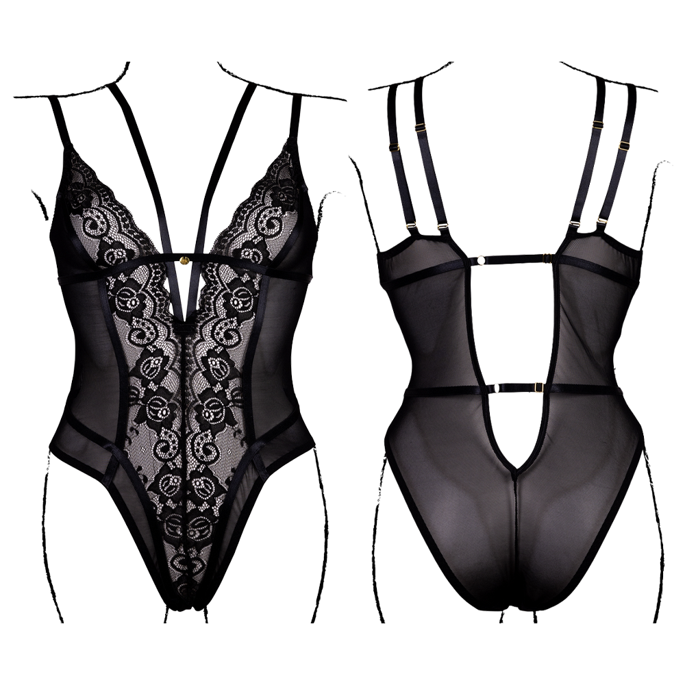 spets bodysuit svart le désir amour justerbara band öppen rygg sexig body lingerie elastisk passform romantisk design sensuell underkläder feminina former stretch tyg figurnära kläder förförisk outfit