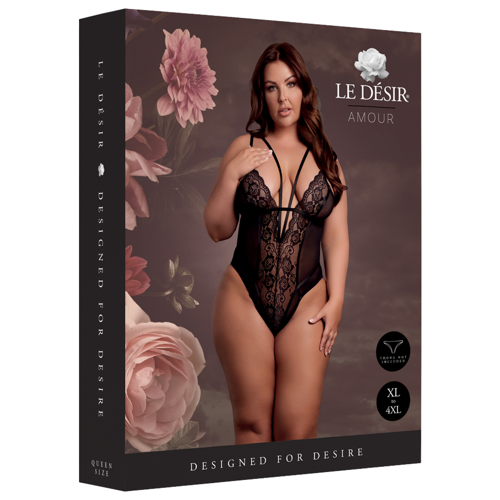 spets bodysuit svart le désir amour justerbara band öppen rygg sexig body lingerie elastisk passform romantisk design sensuell underkläder feminina former stretch tyg figurnära kläder förförisk outfit