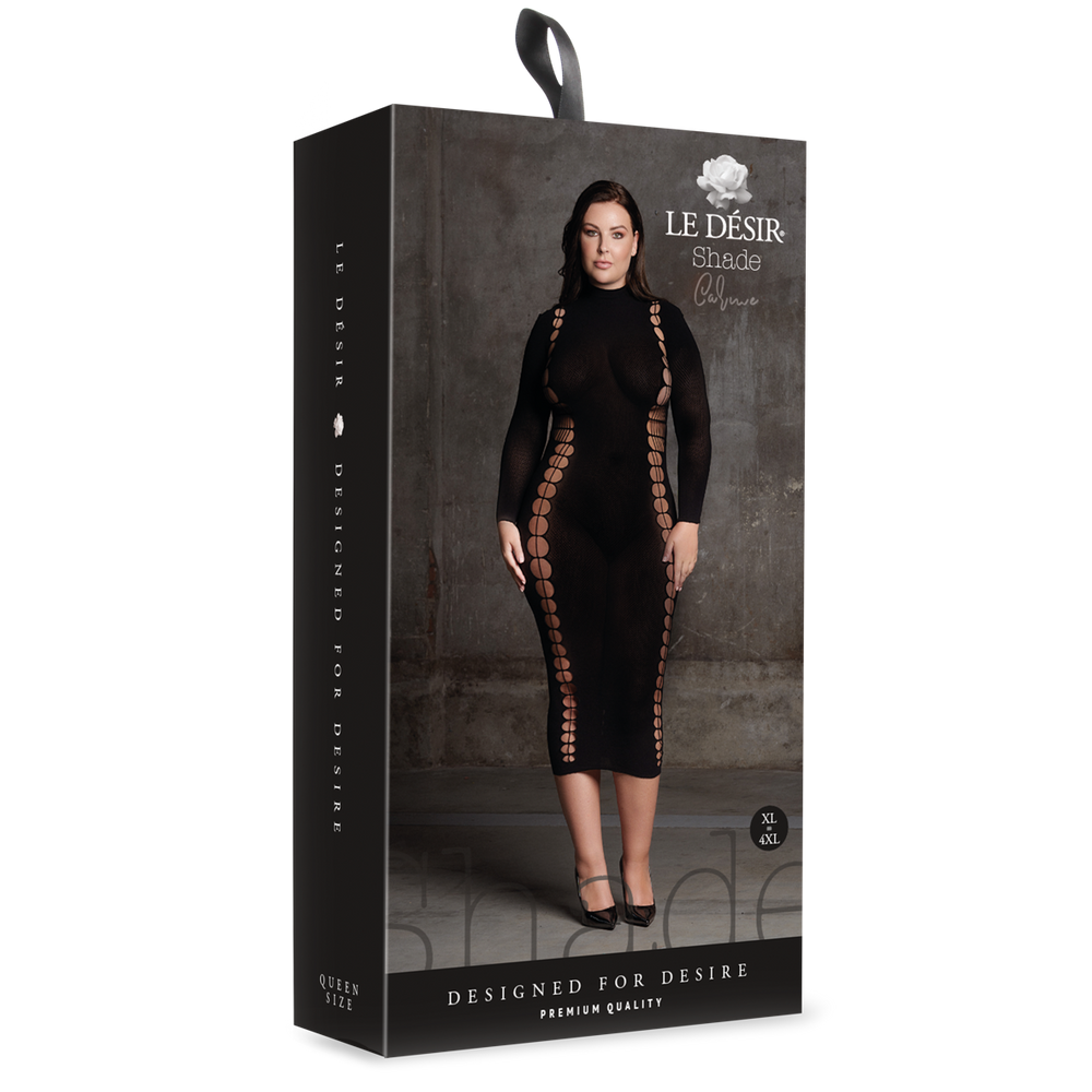 sexig svart klänning turtleneck polokrage stretchig passform transparent nätmaterial elegant festplagg romantisk outfit figurnära design långärmad midikjol bekväm elastan nylon dammode sensuell silhuett