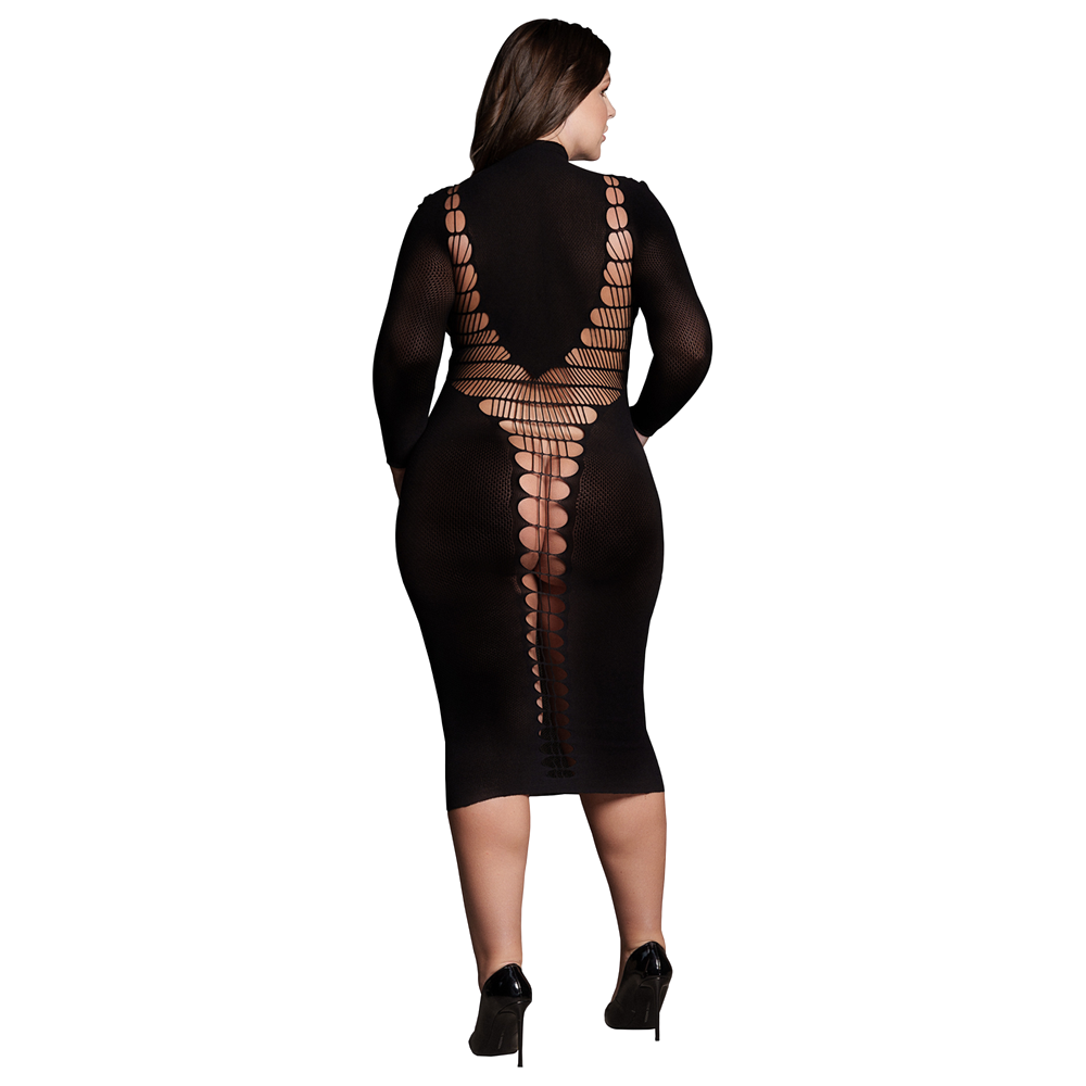 sexig svart klänning turtleneck polokrage stretchig passform transparent nätmaterial elegant festplagg romantisk outfit figurnära design långärmad midikjol bekväm elastan nylon dammode sensuell silhuett