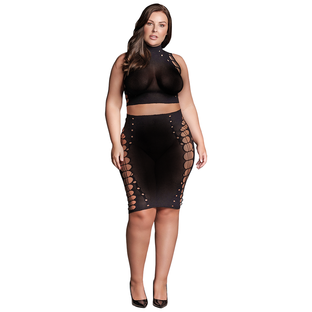 elegant tvådelad klänning crop top kjol turtleneck le désir kala stretchig figurnära passform öppna detaljer festkläder sensuell outfit svart nylon elastan dammode kvällskläder romantisk stil