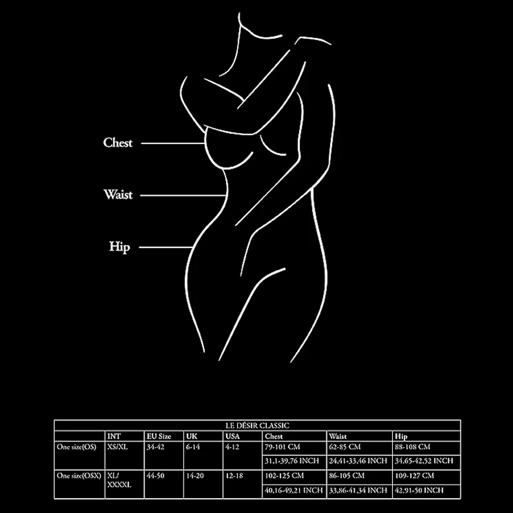le désir storleksguide kvinnor xs s m l xl plus size underkläder klänningar bodystocking nätstrumpor korsetter babydoll chemise sexiga outfits måtttabell byst midja höft internationell omvandling