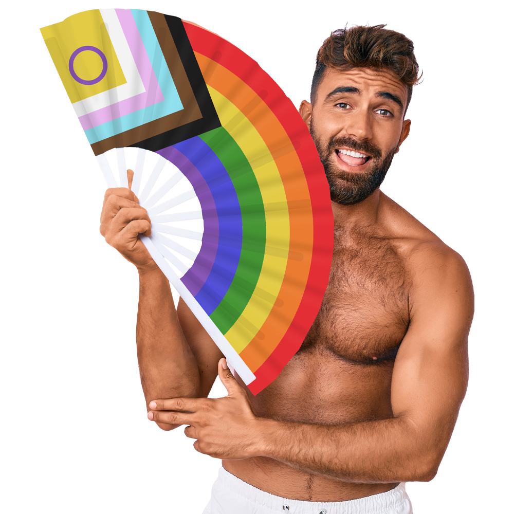 regnbågsfärgad solfjäder pride accessoar lgbtqia m proud hållbar design lätt polyester festival parad stolthet kärlek mångfald fest elegant