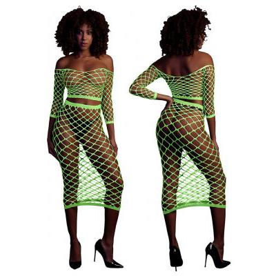 Glow in the Dark - Two Piece with Off-Shoulder Long Sleeve Crop Top and Long Skirt (Neon Green)-Ouch!-