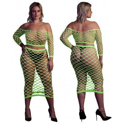 Glow in the Dark - Two Piece with Off-Shoulder Long Sleeve Crop Top and Long Skirt (Neon Green)-Ouch!-