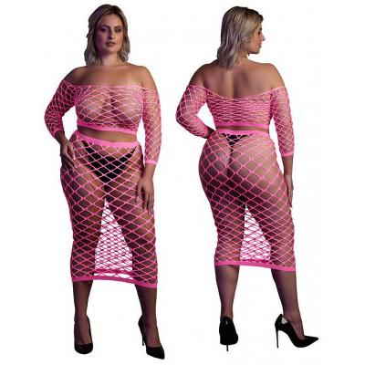 Glow in the Dark - Two Piece with Off-Shoulder Long Sleeve Crop Top and Long Skirt (Neon Pink)-Ouch!-