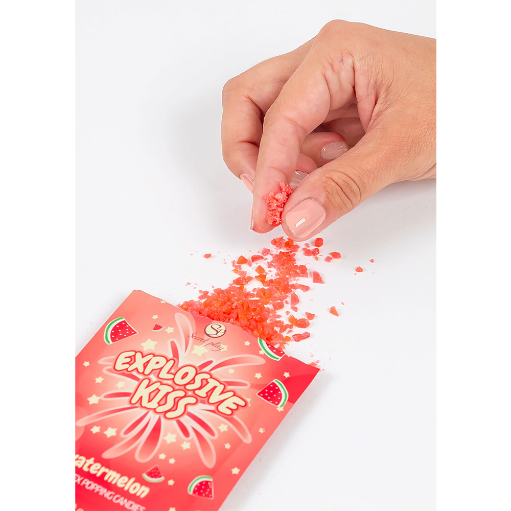 poppande godis kristaller oralsex kyssar badlek pirrande sensation ätbar engångspåse mint smak strawberry watermelon sprakar munnen erotisk njutning sensuell överraskning intim lekförpackning unisex sexleksak tillbehör