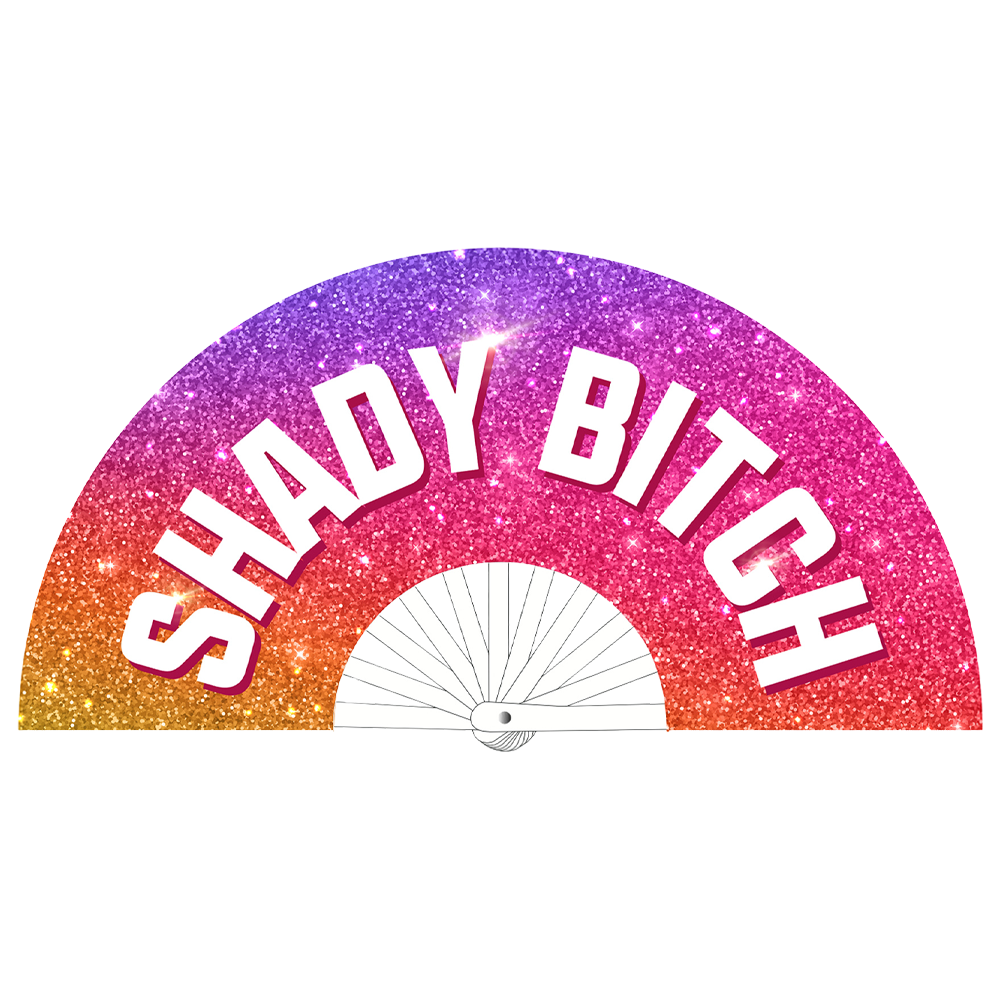 färgstark solfjäder shady bitch m proud pride accessoar hållbar lätt polyester design vit text festival dans parad kaxig stil stolthet