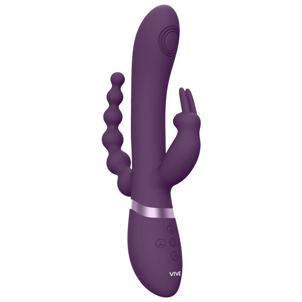 trippelstimulans rabbitvibrator klitorisstimulerande analfunktion g-punktsstav tre motorer klimaxknapp vattentät uppladdningsbar silikon ergonomisk design pulserande vibrationer kroppsvänlig sexleksak