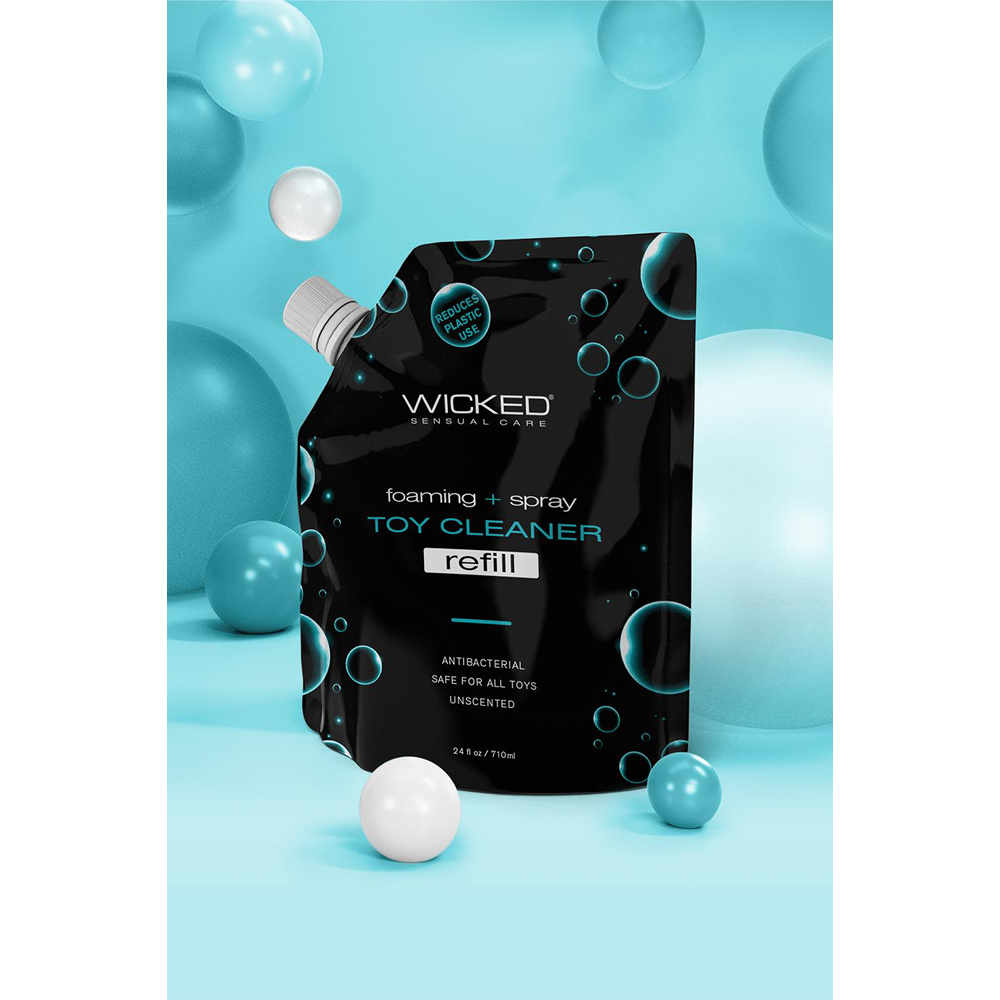 antibakteriellt skum rengöring refillpåse hudvänlig alkoholfri parabenfri parfymfri vegansk crueltyfree silikon säkert latex metall glas olivblad timjan lavendel extrakt snabbverkande hygienisk intimleksaker